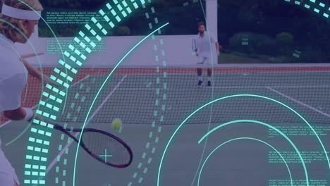 Animation-of-scope-scanning-and-data-processing-over-caucasian-couple-playing-tennis