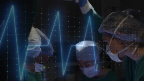 Animation-of-cardiograph-over-diverse-surgeons-operating-on-patient-at-hospital