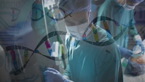 Animation-of-data-processing-with-dna-strands-over-diverse-surgeons-operating-on-patient-at-hospital