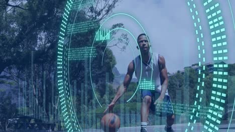 Animation-Des-Scope-Scannens-Und-Der-Datenverarbeitung-über-Einem-Afroamerikanischen-Mann,-Der-Basketball-Spielt