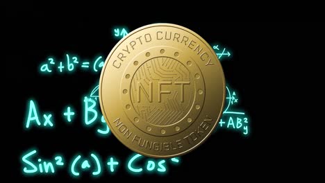 Animation-of-mathematical-equations-over-nft-coin-on-black-background