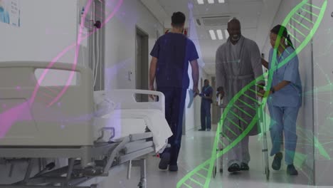 Animation-of-dna-strand-and-connections-over-diverse-doctor-and-patient-at-hospital