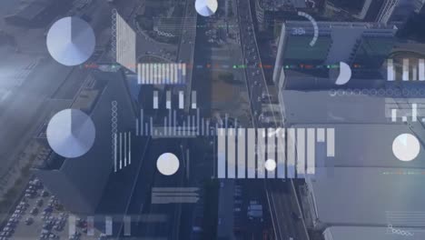 Animation-of-screens-with-data-processing-against-aerial-view-of-city-traffic