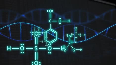 Animation-of-chemical-equations-over-dna-strands-on-black-background