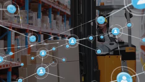 Animation-of-network-of-digital-icons-over-caucasian-male-worker-operating-forklift-at-warehouse