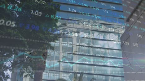 Animation-of-trading-board-and-graph-over-low-angle-view-of-building-and-tree-in-city