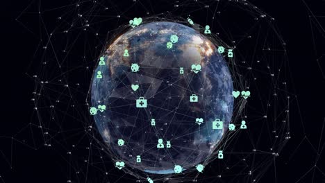 Animation-of-connected-icons-and-dots-around-rotating-globe-over-black-background