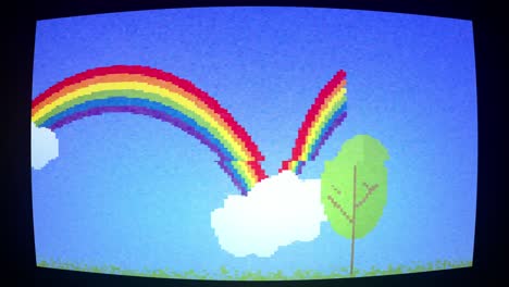 Animation-of-rainbows-and-white-clouds-on-blue-screen-with-glitch