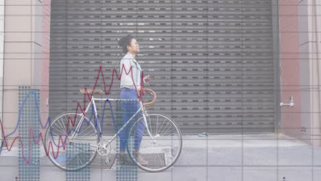 Animation-of-data-processing-over-biracial-businesswoman-walking-with-bicycle