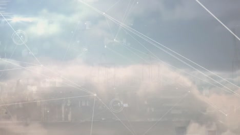 Animation-Des-Netzwerks-Von-Verbindungen-Und-Datenverarbeitung-Vor-Wolken-Am-Blauen-Himmel