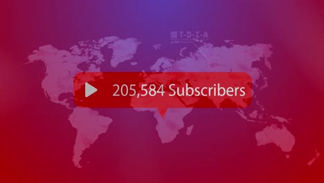Animation-of-subscribers-text-with-growing-number-over-world-map-on-red-backrgound