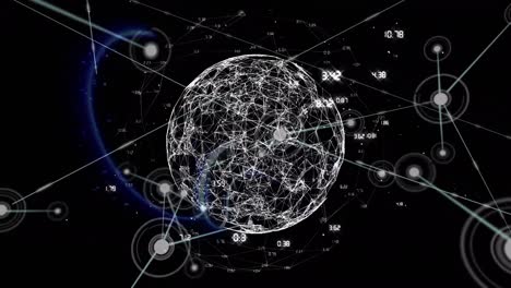 Animation-of-network-of-connections-with-icons-over-shapes-moving,-globe-and-data-processing