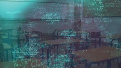 Animation-of-mathematical-equations-floating-against-empty-classroom-at-school