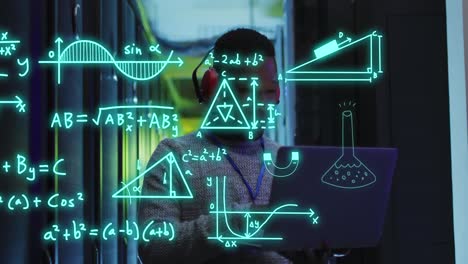 Animation-of-mathematical-equations-over-african-american-male-worker-using-laptop-in-server-room