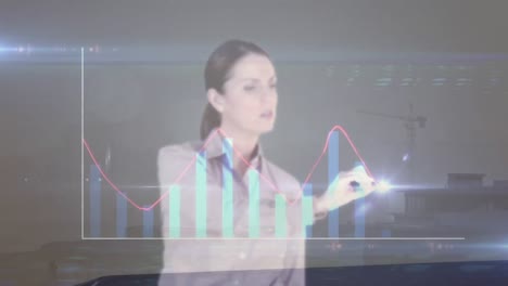 Animation-Der-Statistischen-Datenverarbeitung-über-Einer-Kaukasischen-Geschäftsfrau,-Die-Einen-Futuristischen-Bildschirm-Berührt