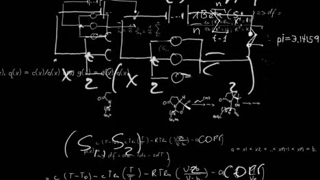 Animation-of-mathematical-equations-and-diagrams-floating-against-black-background