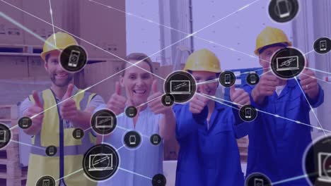 Animation-of-network-of-connections-over-diverse-people-with-thumbs-up-in-warehouse
