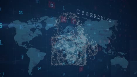 Animation-Von-Symbolen-Für-Cybersicherheitskonzepte-Und-Datenverarbeitung-Vor-Einer-Weltkarte-Auf-Blauem-Hintergrund