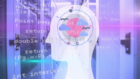 Animation-Eines-Menschlichen-Kopfmodells,-Datenverarbeitung-Und-Rosa-Lichtspuren-über-Dem-Computerserverraum