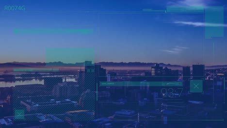 Animation-of-interface-with-data-processing-over-aerial-view-of-cityscape-against-sunset-sky
