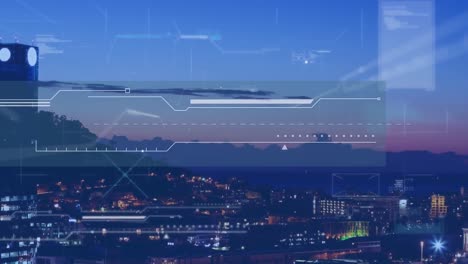 Animation-of-interface-with-data-processing-over-aerial-view-of-cityscape-against-sunset-sky