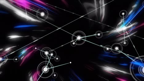 Animation-of-network-of-connections-over-colorful-light-trails-on-black-background