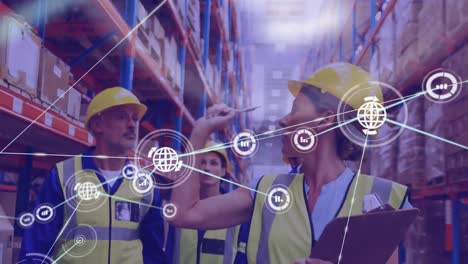Animation-of-network-of-connections-over-diverse-people-working-in-warehouse