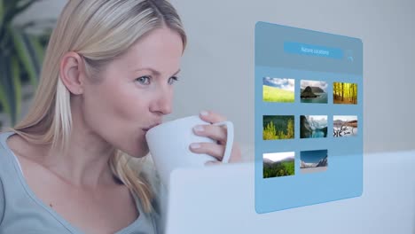 Animation-of-interface-with-nature-locations-text-and-landscapes-over-caucasian-woman-using-laptop