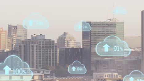 Animation-of-multiple-cloud-icon-with-increasing-percentage-against-aerial-view-of-cityscape
