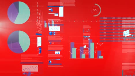 Animation-of-financial-data-processing-over-red-background