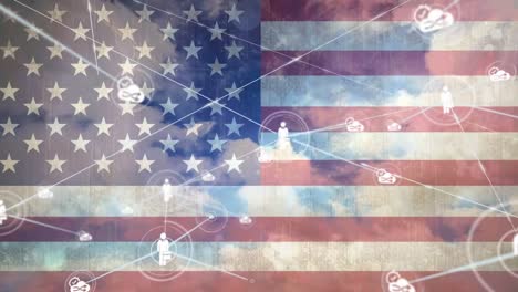 Animation-of-network-of-connections-with-icons-over-american-flag