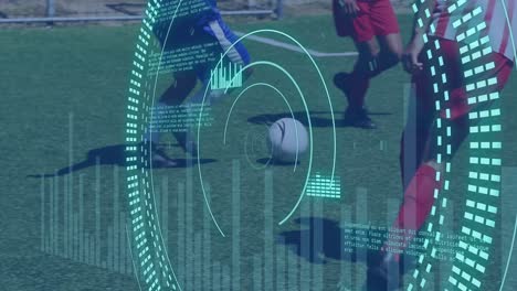 Animation-Des-Scope-Scannens-Und-Der-Datenverarbeitung-über-Verschiedene-Männer,-Die-Fußball-Spielen