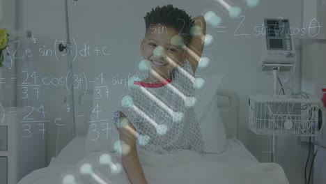 Animation-of-dna-strand-and-maths-formulae-over-smiling-african-american-boy-patient-in-hospital-bed