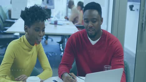 Animation-of-data-processing-and-symbols-over-african-american-man-and-woman-discussing-at-office