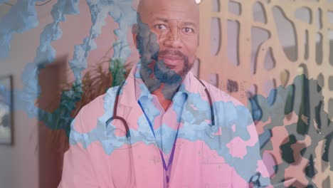 Animation-of-dna-strand-and-maths-formulae-over-portrait-of-smiling-african-american-male-doctor
