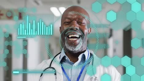 Animation-Der-Medizinischen-Datenverarbeitung-über-Dem-Porträt-Eines-Lachenden-Afroamerikanischen-Männlichen-Arztes