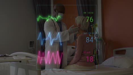 Animation-of-vital-signs-readings-over-diverse-male-doctor-examining-senior-female-patient