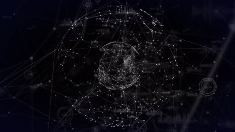Animation-of-spinning-globe,-data-processing-and-network-of-connections-on-black-background