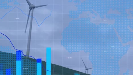 Animation-of-multiple-graphs-with-changing-numbers-and-map-over-windmills-on-green-land
