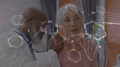 Animation-of-dna-strand-and-medical-data-over-diverse-male-doctor-examining-ear-of-female-patient