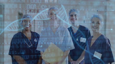 Animation-of-dna-strand-and-binary-data-over-portrait-of-smiling-diverse-female-and-male-doctors