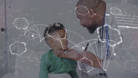 Animation-Eines-DNA-Strangs-Und-Medizinischer-Daten-über-Einem-Afroamerikanischen-Männlichen-Arzt,-Der-Einen-Jungen-Patienten-Untersucht