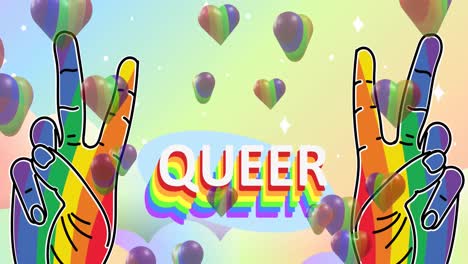 Animation-of-neon-queer-text-and-rainbow-hands-over-rainbow-hearts-in-background