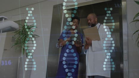Animation-of-dna-strands-and-medical-data-over-african-american-female-and-male-doctor-using-tablet