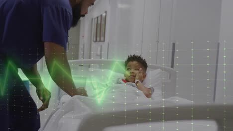 Animation-of-green-vital-signs-monitor-over-african-american-male-doctor-and-boy-patient-in-bed