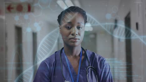 Animation-of-dna-strand-and-data-over-portrait-of-african-american-female-doctor-in-hospital