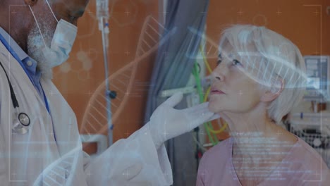Animation-of-dna-strand-and-data-over-diverse-male-doctor-examining-senior-female-patient