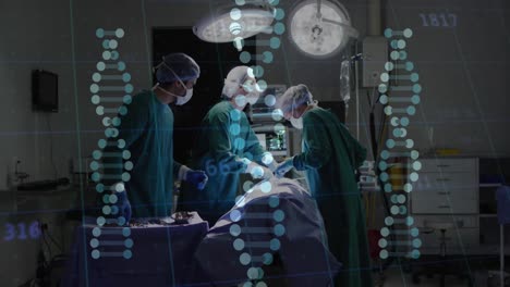 Animation-of-dna-strand-and-medical-data-over-diverse-surgeons-operating-on-patient