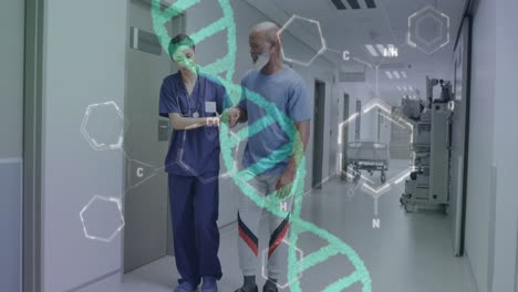 Animation-of-dna-strand-and-medical-data-over-diverse-female-doctor-helping-male-patient-walk