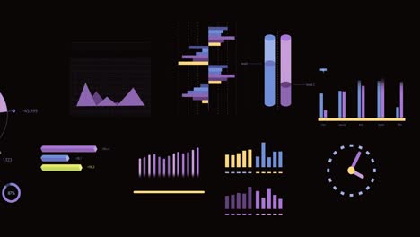 Animation-of-statistics,-graphs-and-financial-data-processing-over-black-background